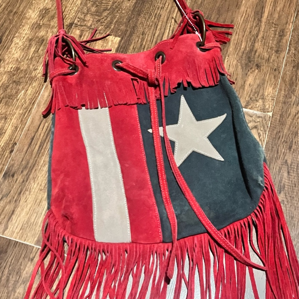 Sheryl Crow Suede Fringe Flag Bag
